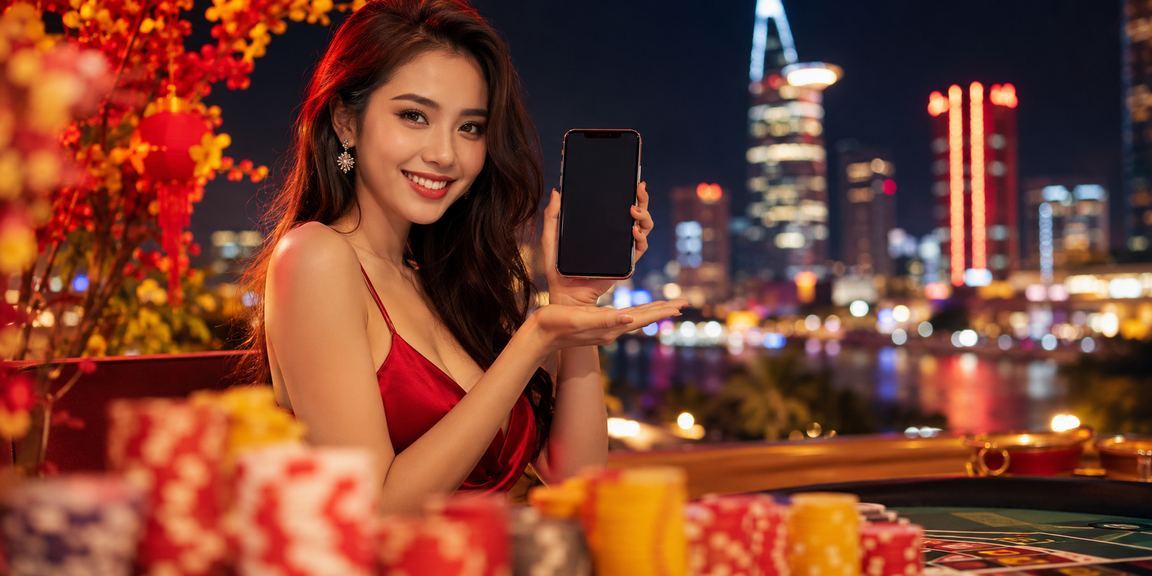 Người dùng TP. Hồ Chí Minh chơi casino trên điện thoại với ánh đèn neon