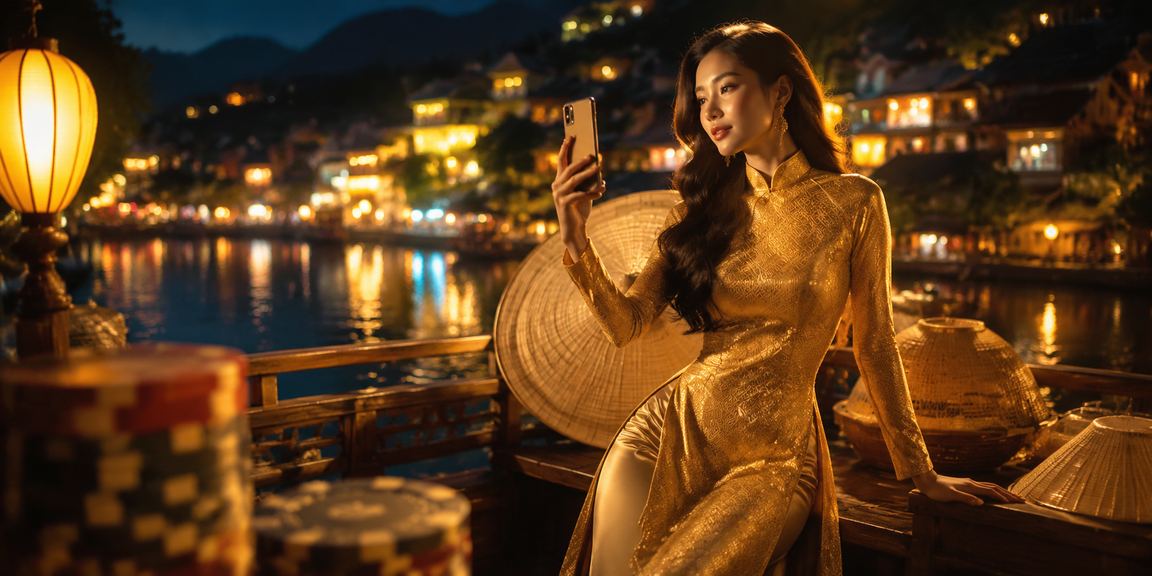 Phụ nữ mặc áo dài chơi casino trên điện thoại tại Sa Pa